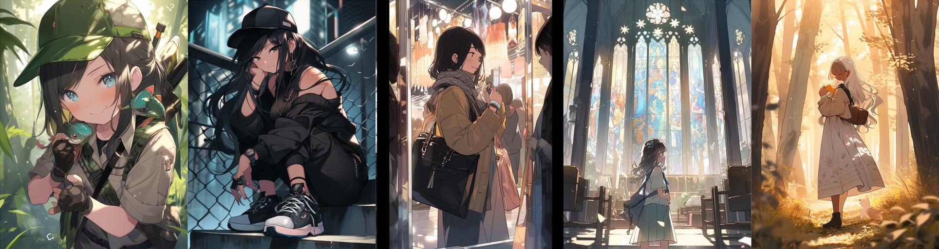 Five generated images in anime style with high visual contrast and readability