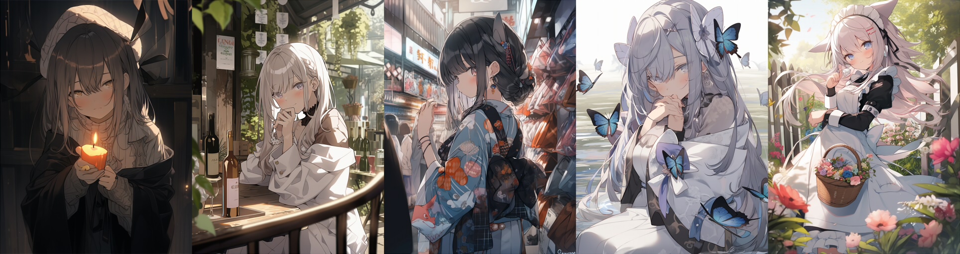 Five generated images in anime style with low contrast and poor readability